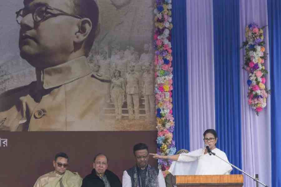 Mamata Banerjee addresses the gathering during the event marking the birth anniversary of Netaji Subhas Chandra Bose in Calcutta on Friday. (PTI picture)