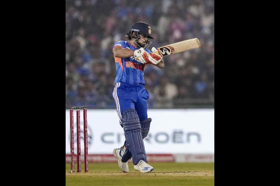 Ishan Kishan, during his innings of 76 off 32 balls, in the second T20I against New Zealand in Raipur on Friday.