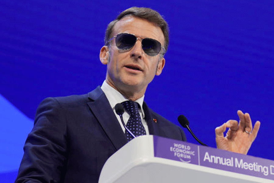French President Emmanuel Macron speaks during the Annual Meeting of the World Economic Forum in Davos, Switzerland, Tuesday, Jan. 20, 2026.