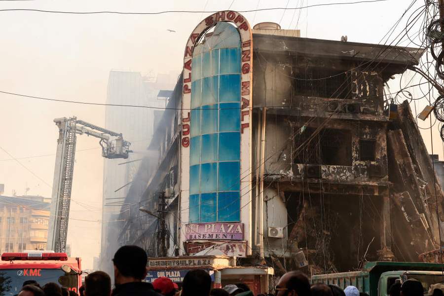 A general view shows the aftermath of a massive fire that broke out in the Gul Plaza Shopping Mall in Karachi, Pakistan, January 19, 2026.