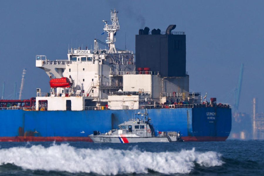 The GRINCH oil tanker, intercepted by France in the Alboran Sea, on suspicion of operating under a false flag and belonging to Russia's shadow fleet that enables Russia to export oil despite sanctions and diverted to the port of Marseille-Fos, in the Gulf of Fos-sur-Mer, in Martigues, France, January 25, 2026.