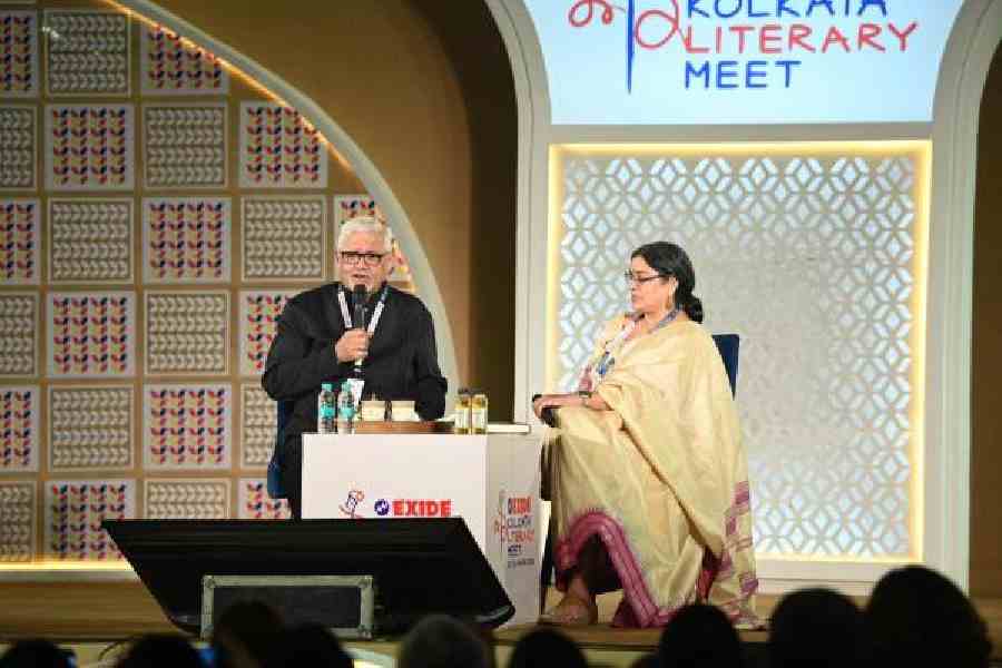 Amitav Ghosh in conversation with Malavika Banerjeeat the Kolkata Literary Meet. Picture by Bishwarup Dutta