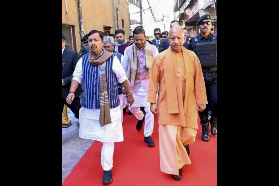 BJP national president Nitin Nabin (left) with Uttar Pradesh chief minister Yogi Adityanath in Vrindavan on Sunday.