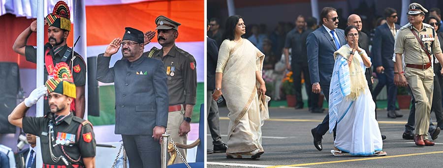 West Bengal Chief Minister Mamata Banerjee and Governor C V Ananda Bose at the parade