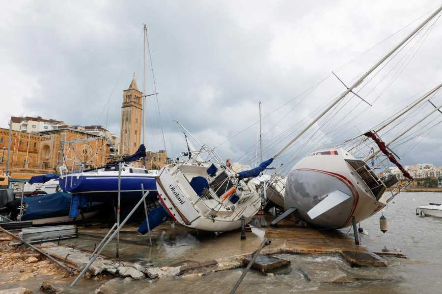 Yachts which were toppled over by high winds and waves lie in a boatyard, after the area was heavily hit by Storm Harry, in Marsascala, Malta, January 21, 2026.