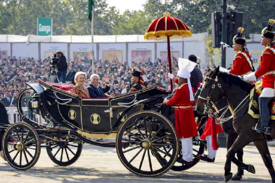 President of the European Commission Ursula von der Leyen and President of the European Council Antonio Costa leave in the presidential carriage after attending the 77th Republic Day Parade in New Delhi on Monday.