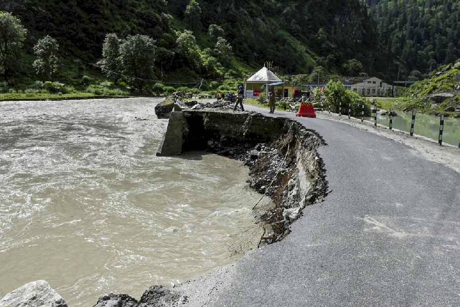 A damaged portion of the Gangotri Highway following flash floods and landslides in Uttarkashi in August 2025.