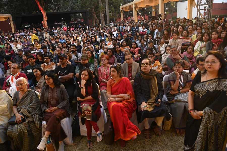 The audience at a session of the Kolkata Literary Meet at theAlipore Jail Museum lawns on Monday.