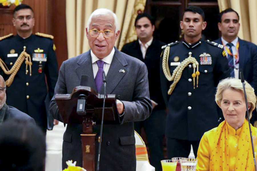 In this image posted on Jan. 27, 2026, President of the European Council Antonio Costa speaks during a banquet hosted at Rashtrapati Bhavan, in New Delhi. Vice President CP Radhakrishnan and President of the European Commission Ursula von der Leyen are also seen