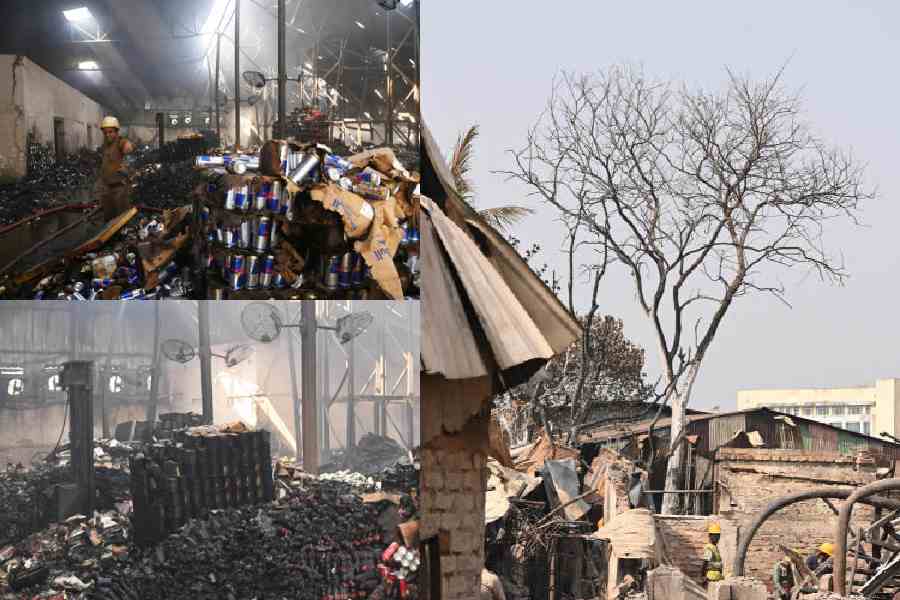 Charred remains inside the godown of the fast-food chain on Tuesday