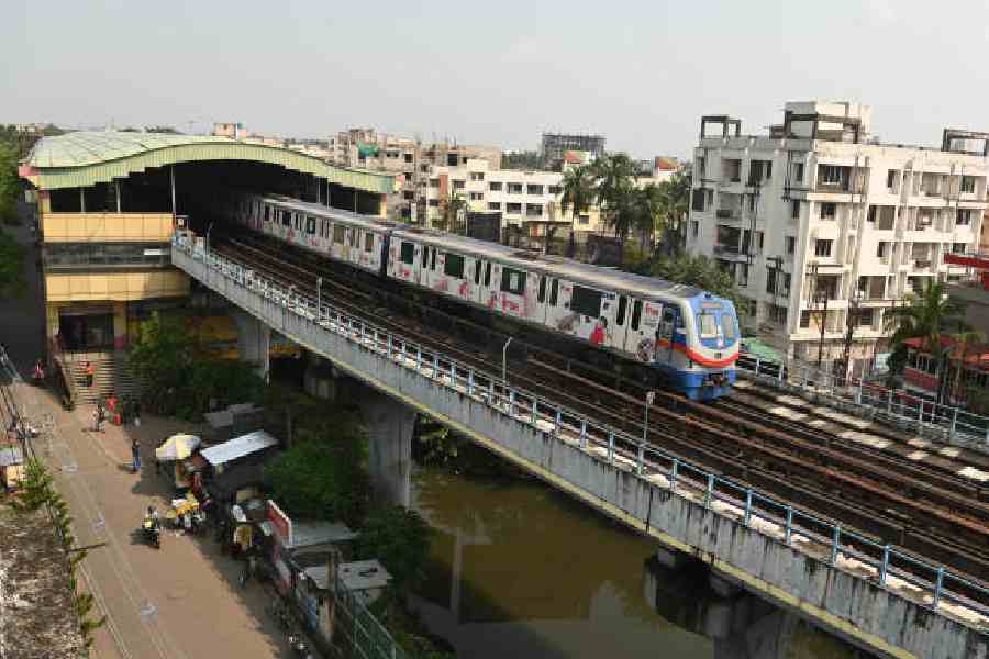A Metro train leaves Shahid Khudiram station on the            Blue Line. File picture