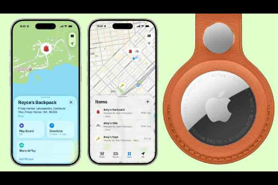 Apple’s new AirTag comes with an expanded finding range and a louder speaker. Powered by the strength of the Find My network, the device allows users to keep tabs on their belongings, from keys and wallets to backpacks, luggage, and more.  Picture: Apple