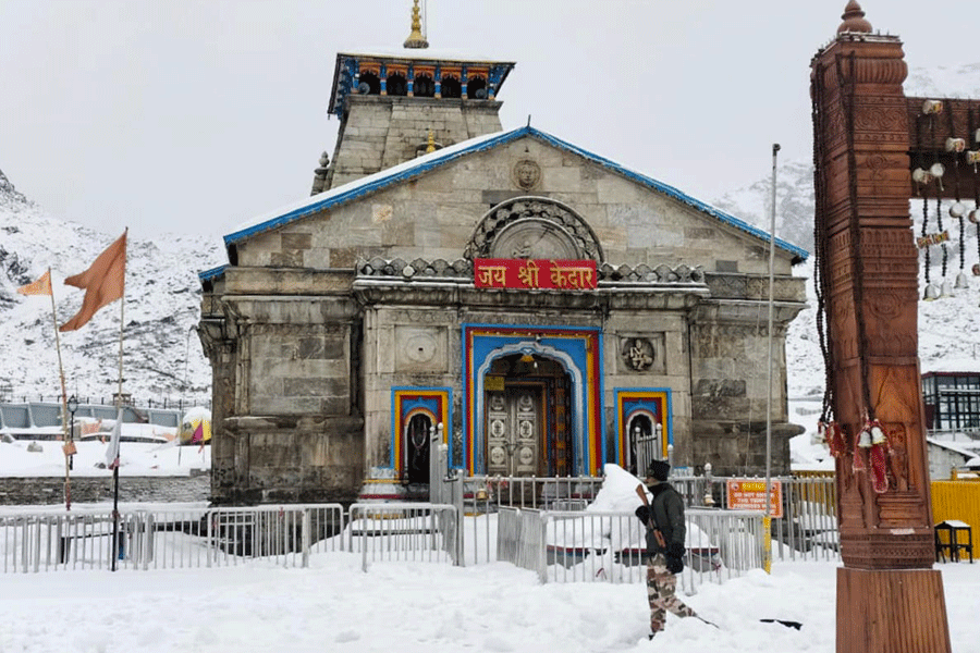 The 'Kedarnath Dham' remains covered in snow after snowfall in the region, in Rudraprayag, Tuesday, Jan. 27, 2026.