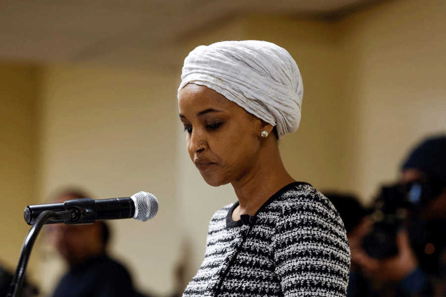U.S. Rep. Ilhan Omar speaks during a town hall meeting, days after a man identified as Alex Pretti was fatally shot by federal immigration agents trying to detain him, in Minneapolis, Minnesota, U.S., January 27, 2026.