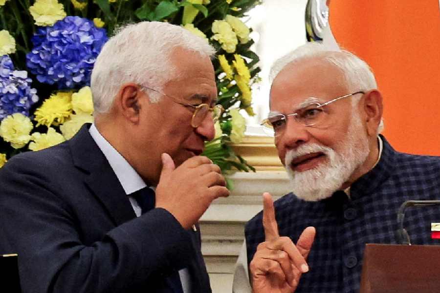 Narendra Modi and European Council President Antonio Costa speak during a joint press statement at the Hyderabad House in New Delhi
