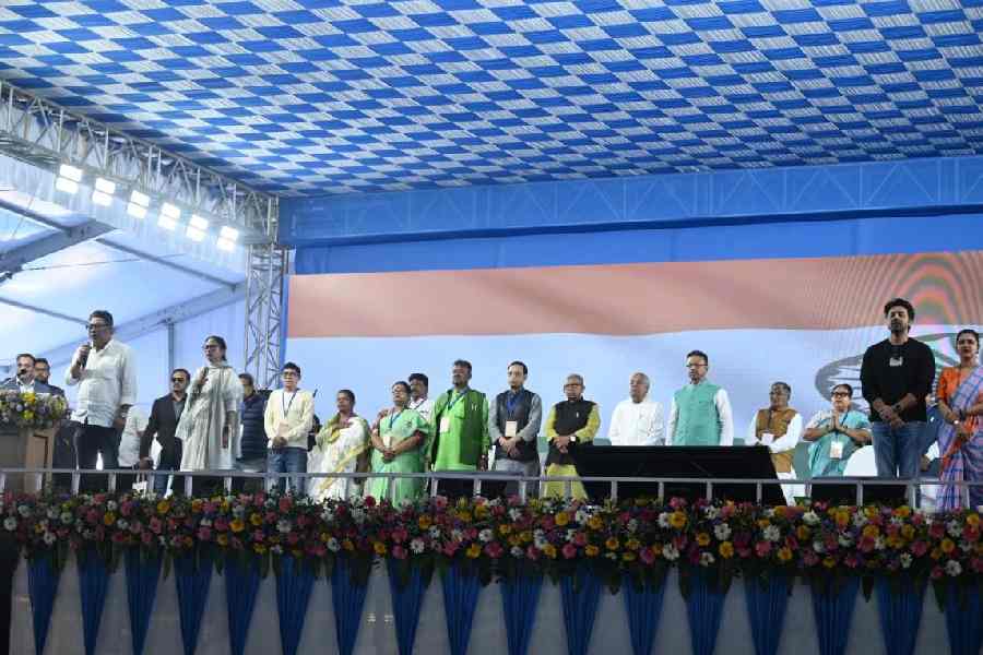 Mamata Banerjee and other Trinamool leaders at the rally in Singur on Wednesday.