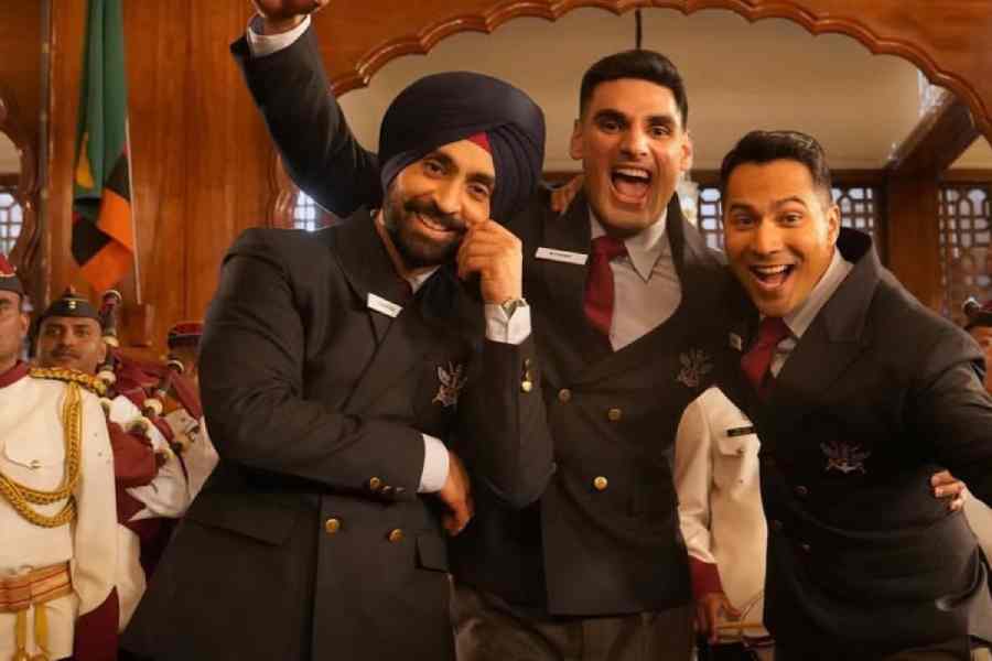 Ahan Shetty (centre) with Diljit Dosanjh (left) and Varun Dhawan in Border 2, now playing in cinemas