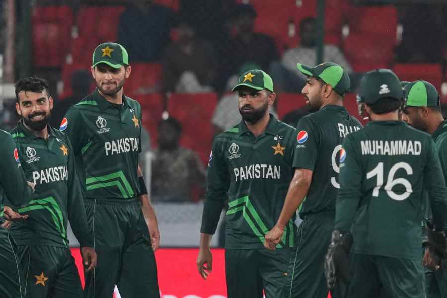 In this Friday, Oct. 6, 2023, file photo, Pakistan's players celebrate the wicket of Netherlands' batter Vikram Singh during the ICC Men's Cricket World Cup match between Pakistan and Netherlands, at Rajiv Gandhi International Cricket Stadium, in Hyderabad. The Pakistan Cricket Board (PCB) will take a final call on participating in the men's T20 World Cup either on Friday or next Monday, chairman Mohsin Naqvi said after meeting Prime Minister Shehbaz Sharif