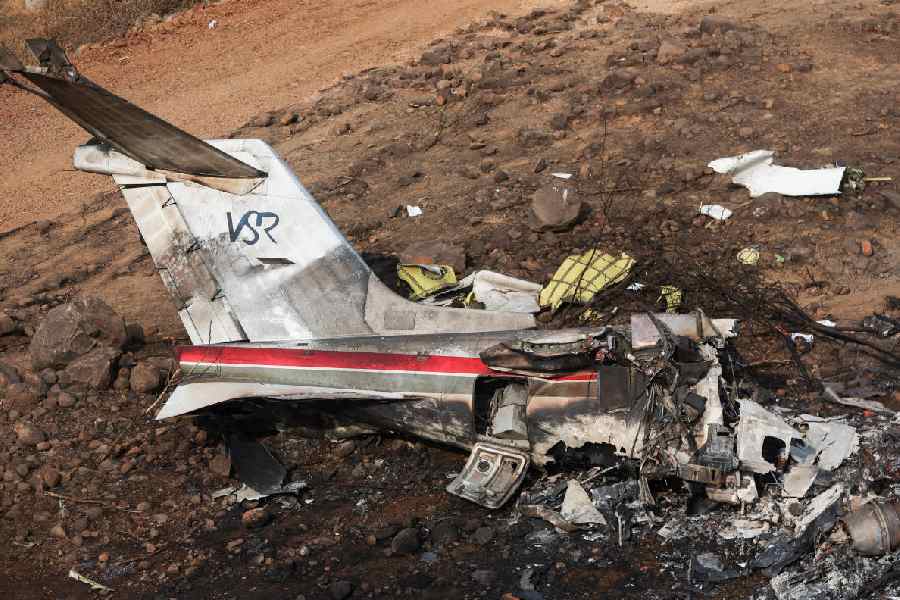 Wreckage of the VSR Ventures-operated Learjet 45 aircraft in which Maharashtra Deputy Chief Minister Ajit Pawar and four others were killed after it crashed in Baramati, India