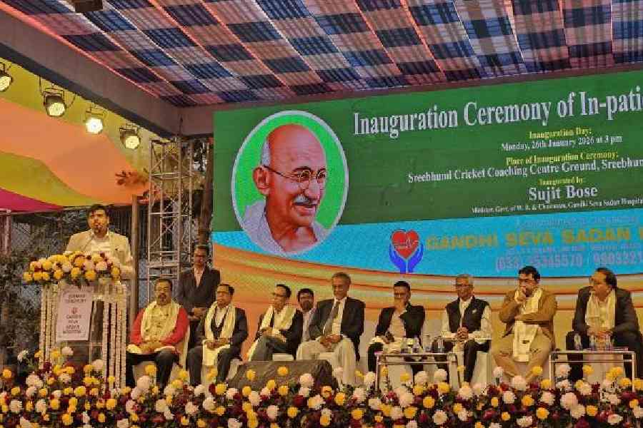 Minister Sujit Bose speaks at the inauguration of the in-patient department of the hospital in presence of doctors in Sreebhumi on Sunday.