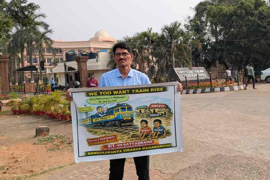 Gouro Chandro Tripathy in front of the Rail Sadan in Bhubaneswar on Friday