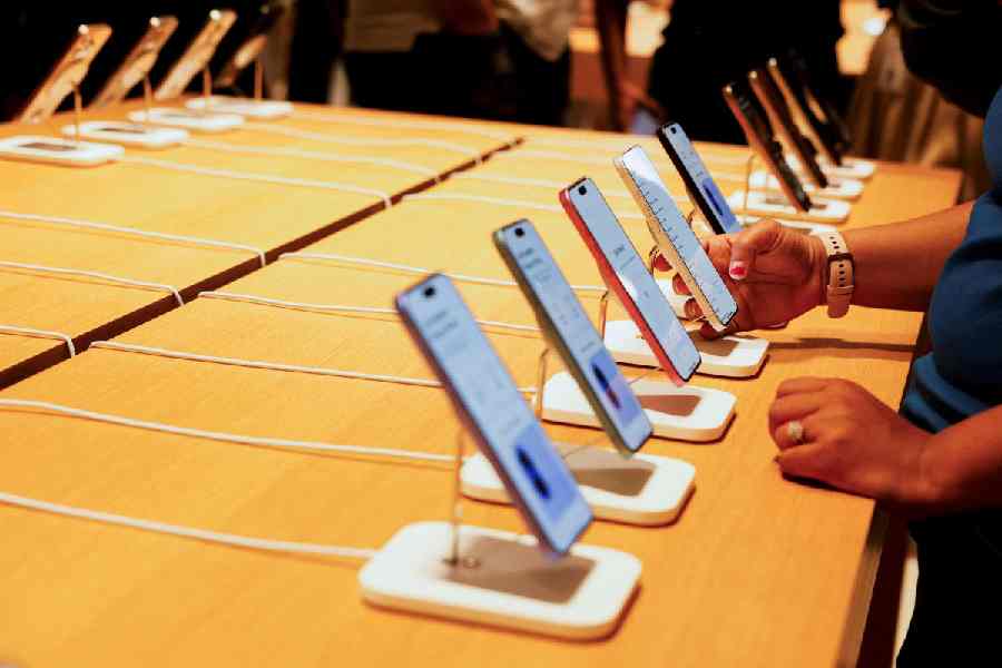 iPhones on display at an Apple retail store in Bengaluru.
