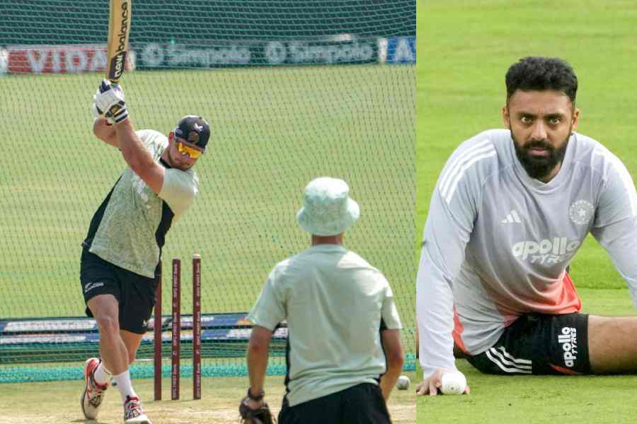 Glenn Phillips at nets and (picture right) Varun Chakravarthy at India’s trainingsession in Thiruvananthapuram on Friday.