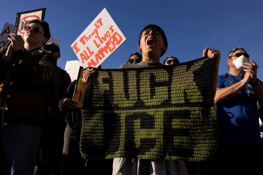 Demonstrators take part in an "ICE OUT" protest in Denver, Colorado, U.S