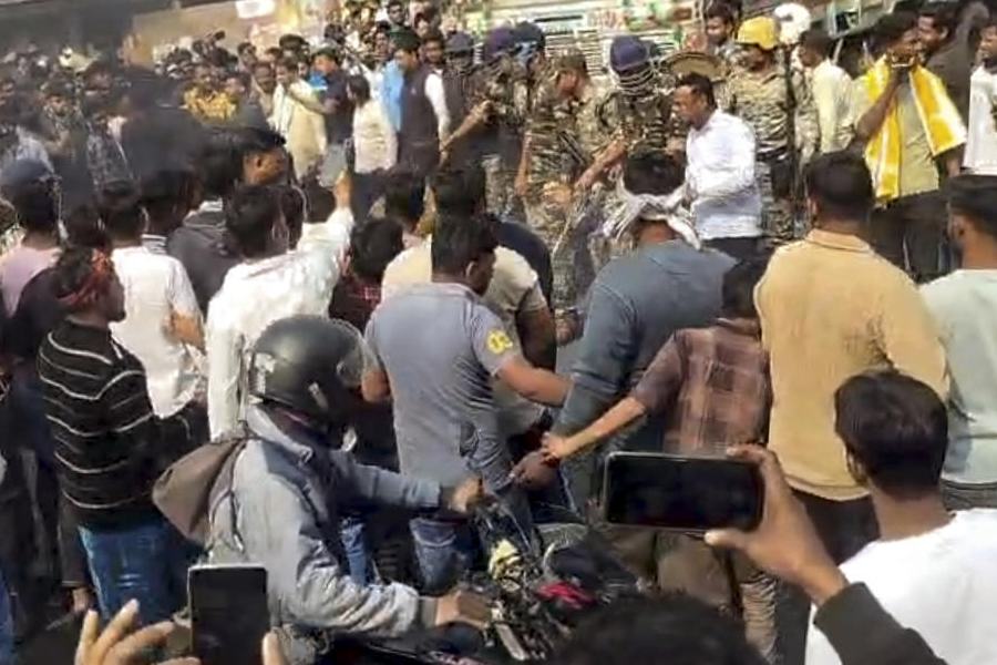Agitators during a protest over the death of a migrant worker in Jharkhand, in Murshidabad, West Bengal, Saturday, Jan. 17, 2026