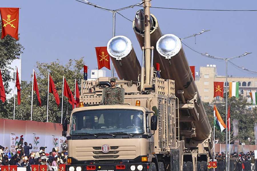 Capt Pukharaj Kaushik with BrahMos Missile System during the 78th Army Day parade, at Mahal Road in Jaipur, Thursday, Jan. 15, 2026.