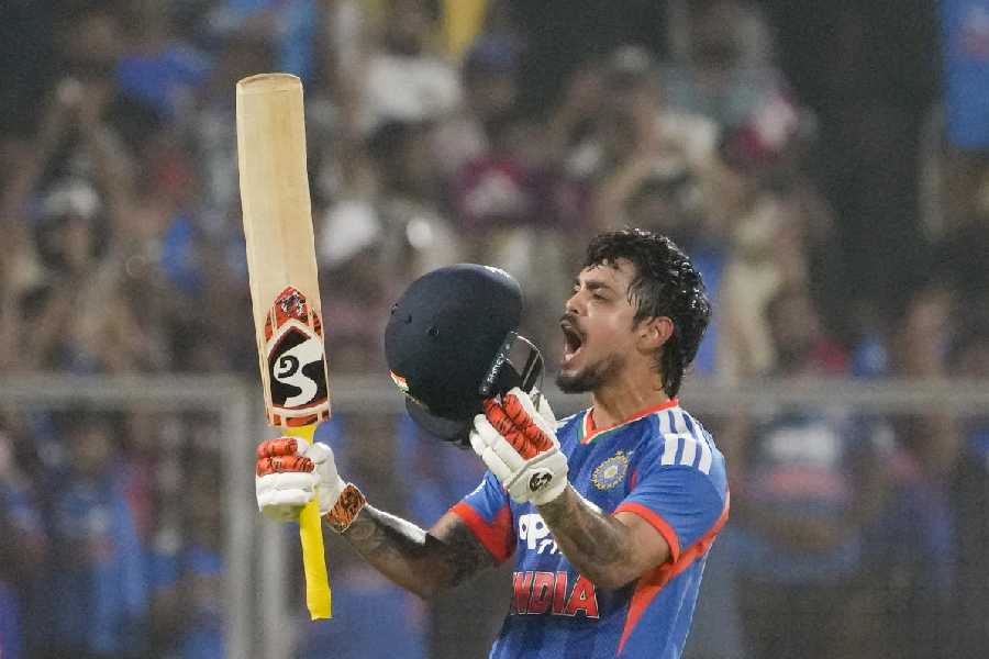 Ishan Kishan celebrates his century during the fifth and final T201 cricket match between India and New Zealand, at the Greenfield International Stadium, in Thiruvananthapuram, Kerala