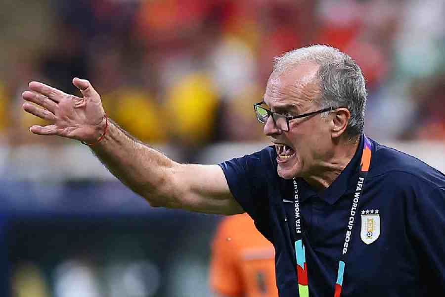 Uruguay coach Marcelo Bielsa reacts during the FIFA World Cup Group H match against Spain at Estadio Guadalajara in Guadalajara, Mexico, on June 26, 2026.