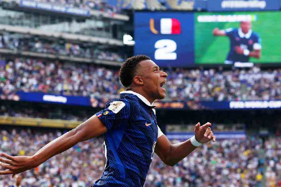 France's Kylian Mbappe celebrates scoring his second goal and France's third during the FIFA World Cup Round of 32 match against Sweden at New York New Jersey Stadium in East Rutherford, New Jersey, on June 30, 2026.