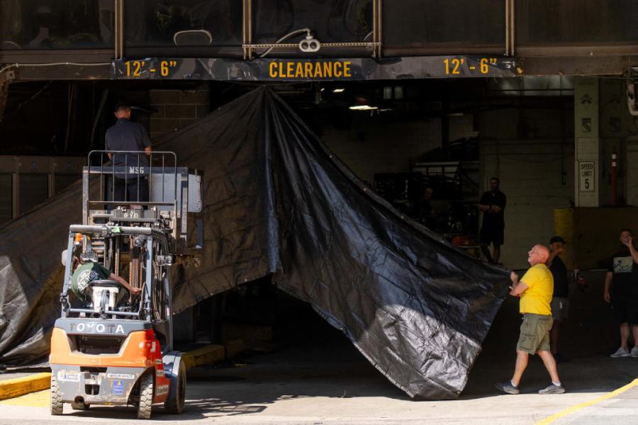 A tarp is installed for privacy at a loading dock at Madison Square Garden