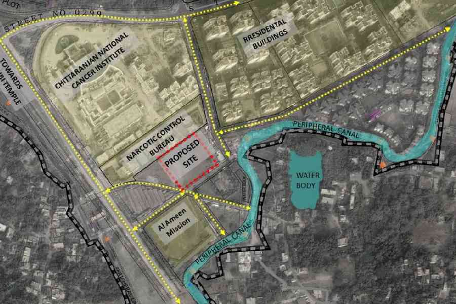 The project map for the proposed DJ Market uploaded with a 2021 call for a design contest on the NKDA website. The site is indicated in red