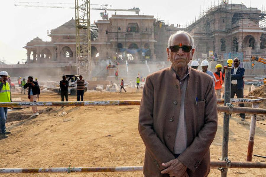 The former general-secretary of the Shri Ram Janmabhoomi Teerth Kshetra Trust, Champat Rai, at the site of the under-construction temple in Ayodhya