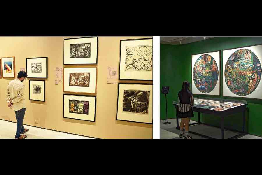 Exhibits on display at the Hand Prints/Mind Prints show at TRI Art & Culture, in association with Vadhera Art Gallery. The exhibition is on till August 2