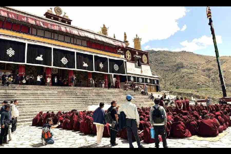 A monastic debate under way at Drepung Monastery