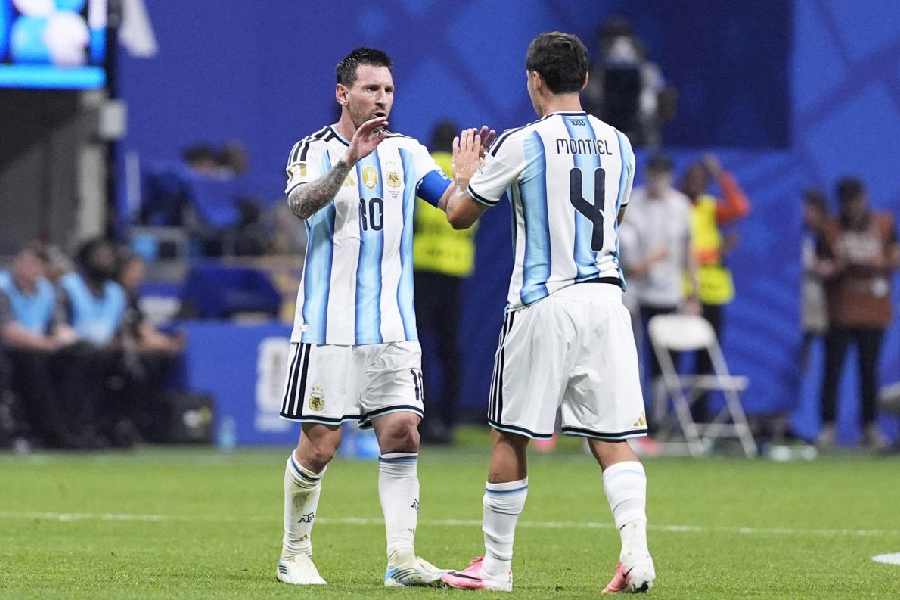 Argentina's Lionel Messi shakes hands with Gonzalo Montiel at Atlanta Stadium, Atlanta, Georgia, US on July 7, 2026