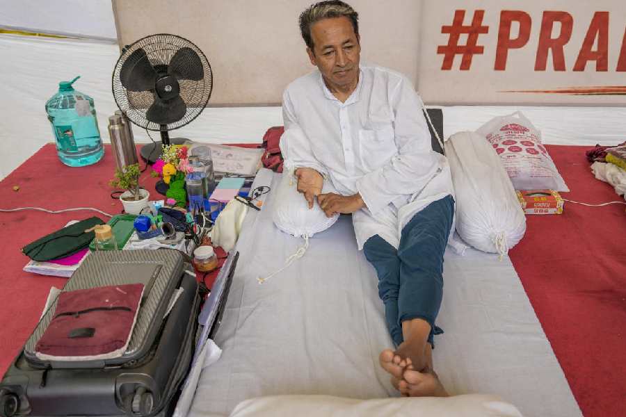 Climate activist Sonam Wangchuk during his indefinite hunger strike, demanding action over alleged examination irregularities and the resignation of Union Education Minister Dharmendra Pradhan, at Jantar Mantar, in New Delhi, Friday, July 10, 2026. Wangchuk is on the 13th day of his hunger strike.