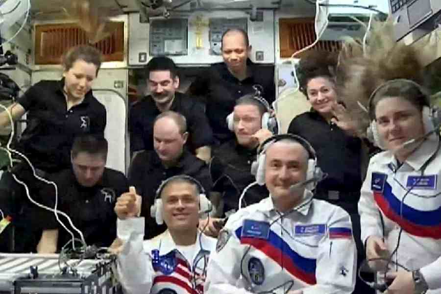 NASA astronaut Anil Menon and Russian cosmonauts Pyotr Dubrov and Anna Kikina are seen with NASA astronauts Jessica Meir, Jack Hathaway, and Chris Williams, European Space Agency astronaut Sophie Adenot, and Roscosmos cosmonauts Sergey Kud-Sverchkov, Sergei Mikaev, and Andrey Fedyaev after reaching the International Space Station (ISS) onboard Soyuz MS-29 spacecraft, on July 15, 2025.