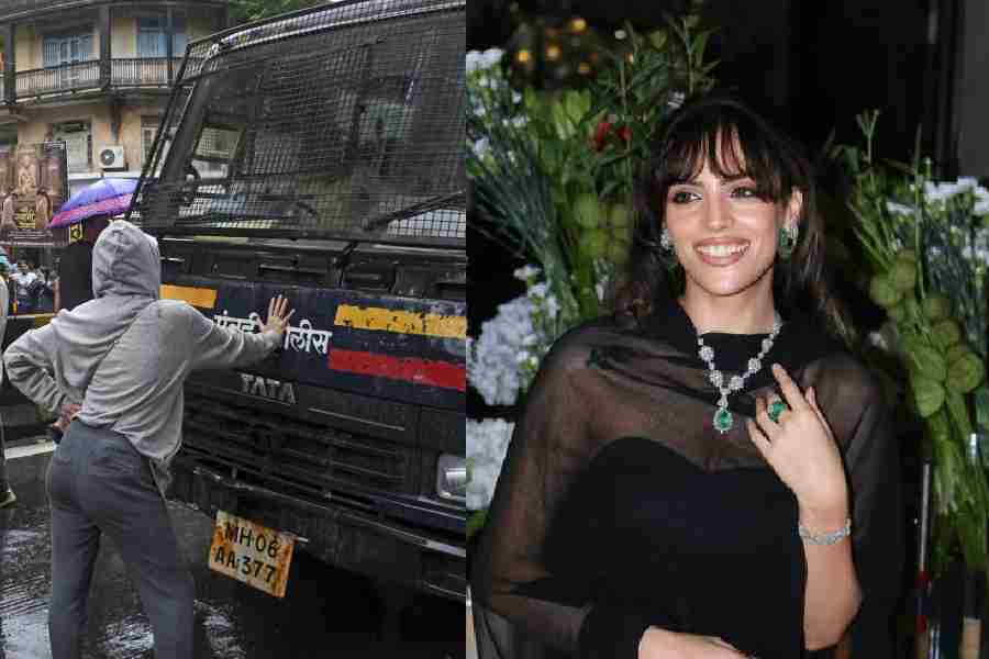 Rhiya Ahir stands in front of the police van after protesters were picked up in Mumbai on July 22; (right) Ahir for the cameras