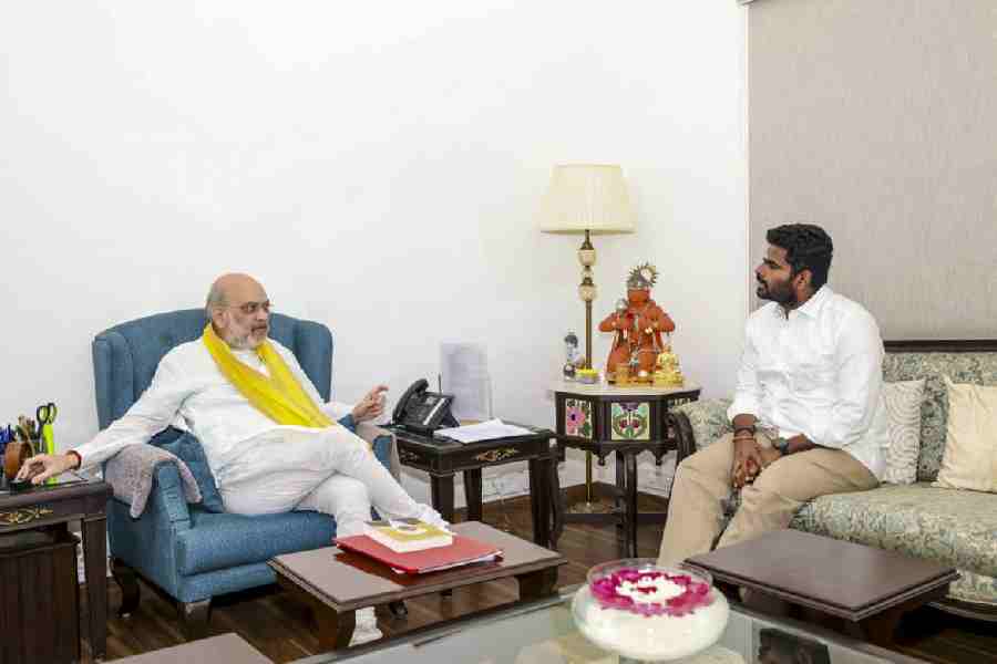 K Annamalai, right, meets Union Home Minister Amit Shah amidst speculation of his resignation as BJP leader from Tamil Nadu, in New Delhi.