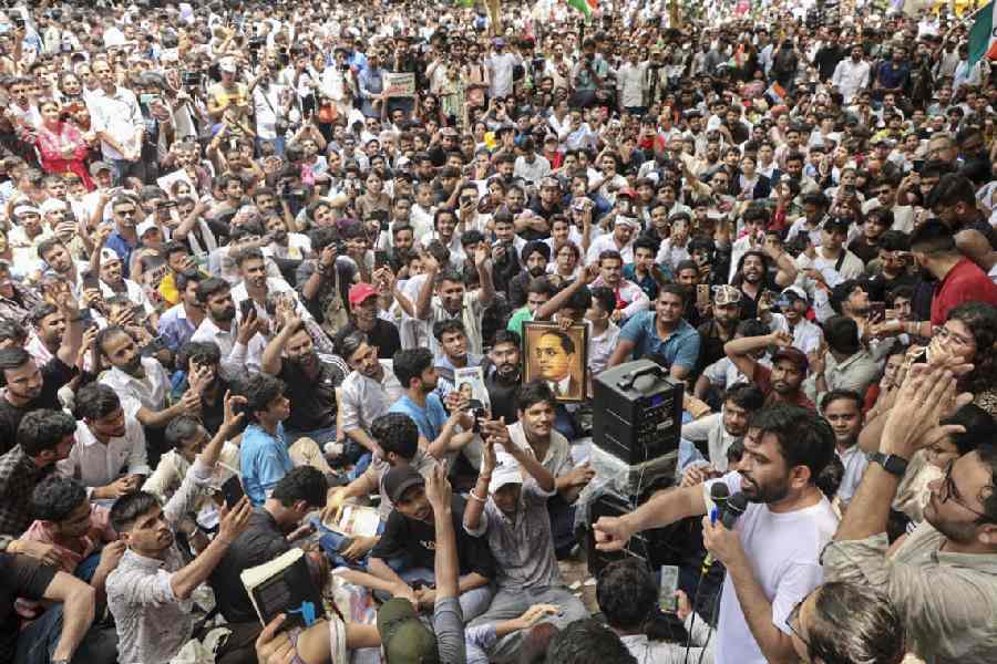 Cockroach Janta Party (CJP) founder Abhijeet Dipke during a protest demanding the resignation of Union Education Minister Dharmendra Pradhan over alleged examination-related lapses, at the Jantar Mantar, in New Delhi, Saturday, June 6, 2026.