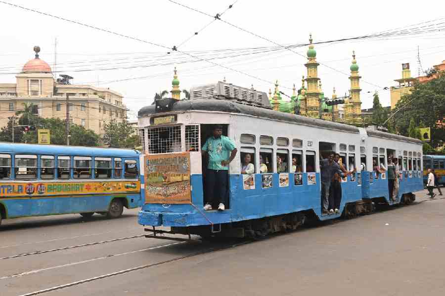 A tram that was part of the Tramjatra in Esplanade on Friday.  Picture by Bishwarup Dutta