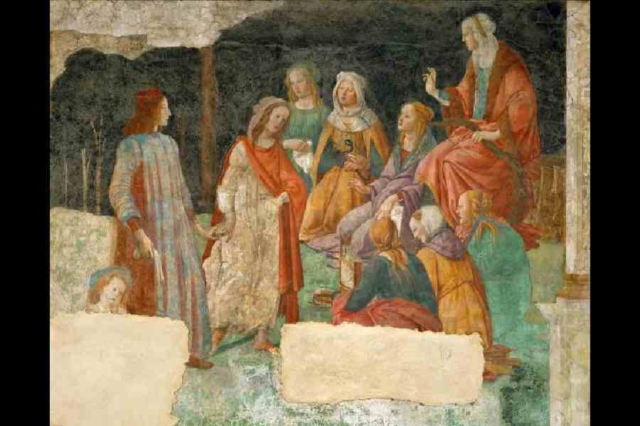 FRAME WORK: Sandro Botticelli’s A Young Man Being Introduced to the Seven Liberal Arts is a 15th century fresco depicting a youth led by Grammar into a circle of figures representing the Seven Liberal Arts. He is being presented to Prudentia or Wisdom. The fresco is now mounted on canvas and is on display at the Louvre in Paris