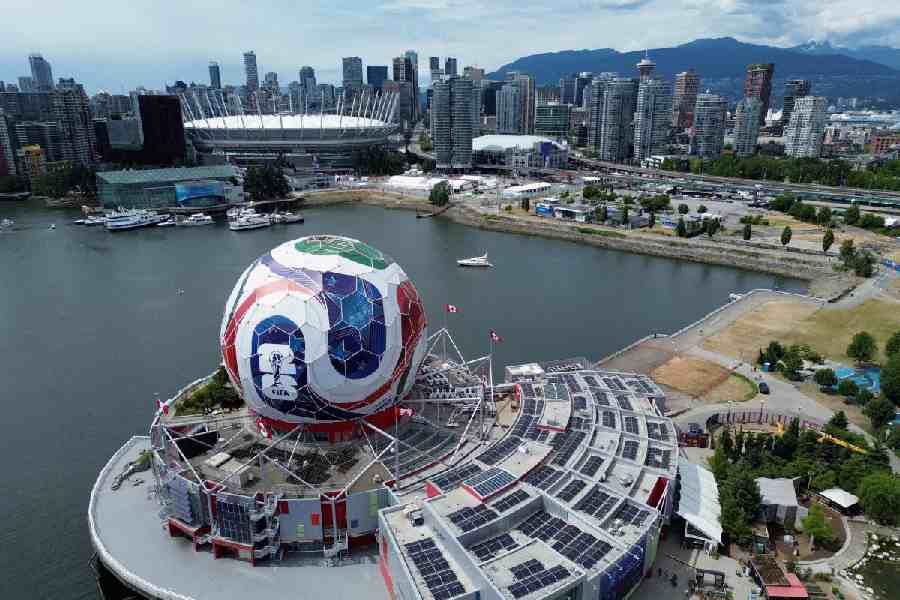 A drone image of Science World, which has been transformed into a 360-degree, 40-metre-diameter re-creation of a match ball ahead of the FIFA World Cup soccer tournament, in Vancouver, British Columbia, Canada, June 3, 2026.