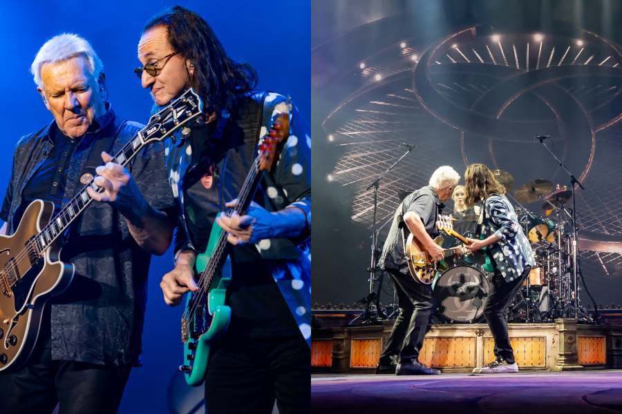 Rush's Alex Lifeson and Geddy Lee with Anika Nilles