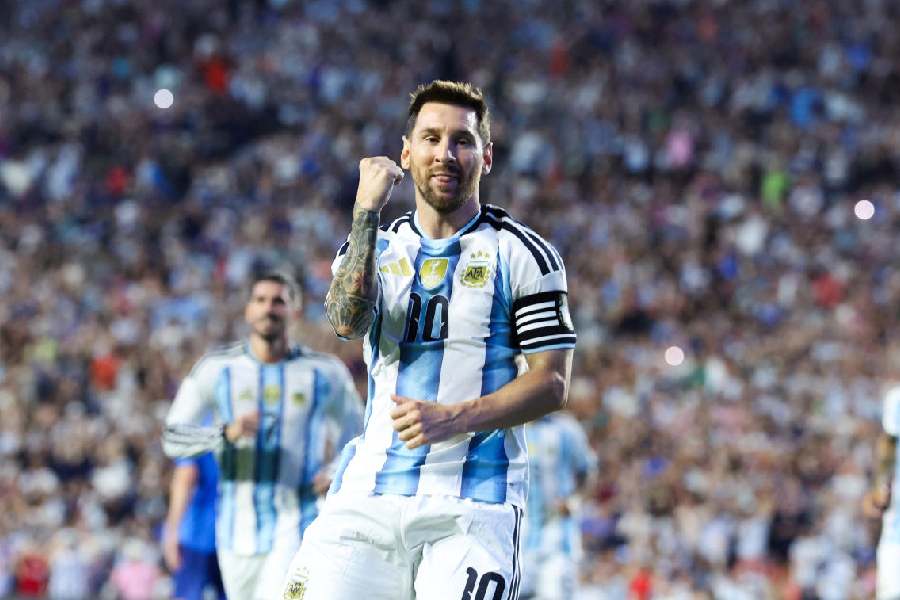 Jun 9, 2026; Auburn, Alabama, USA; Argentina forward Lionel Messi (10) celebrates after scoring a goal during the second half against Iceland during a Road to 26 men's international friendly at Jordan-Hare Stadium