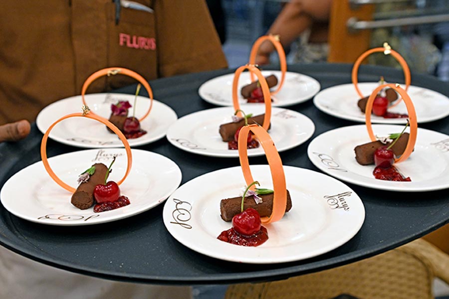 A rich Marquise au Chocolat with Morello Cherry Compote followed, matched with Merlot
